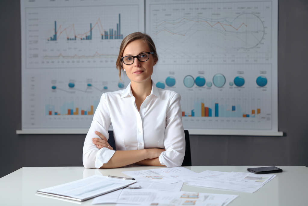 Director financiero mujer posando en su despacho sentada con los brazos cruzados y una pizarra con datos y gráficas detrás suyo.